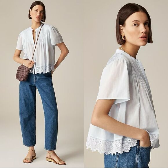 NWT J CREW Lace-trim pintuck top in cotton voile in Glacier blue - Picture 1 of 8